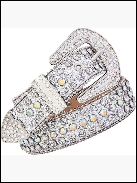 Rhinestone Studded Dressy Belt with Diamond Buckle - Faux Leather main image 5